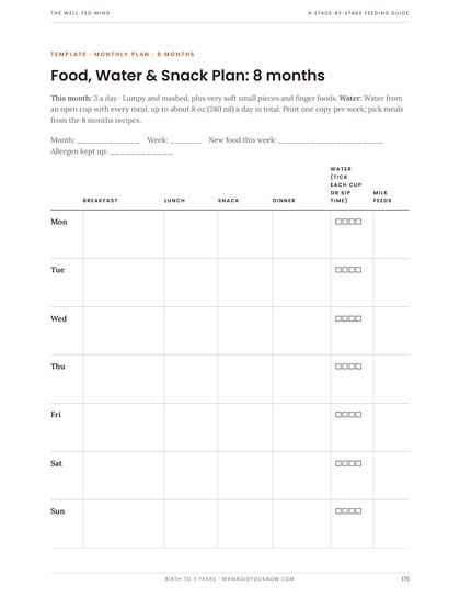 Sample page: Monthly food, water, and snack plan