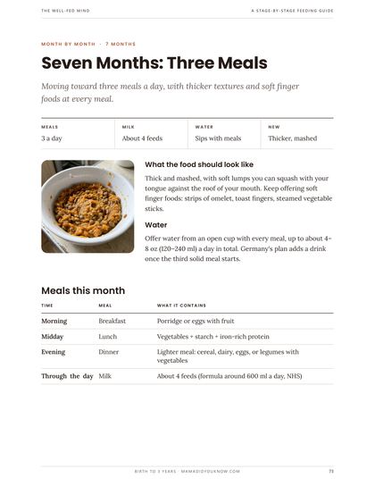 Sample page: Each month: texture, meals, what's not allowed