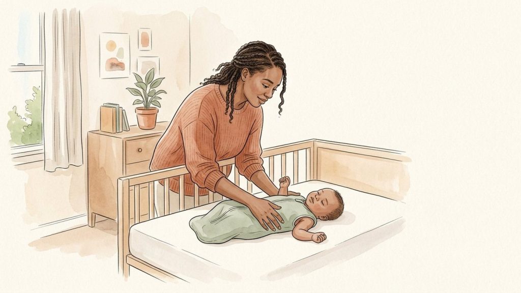 Mother laying her drowsy but awake 4-month-old on his back in a bare crib, baby in a sleep sack with arms free