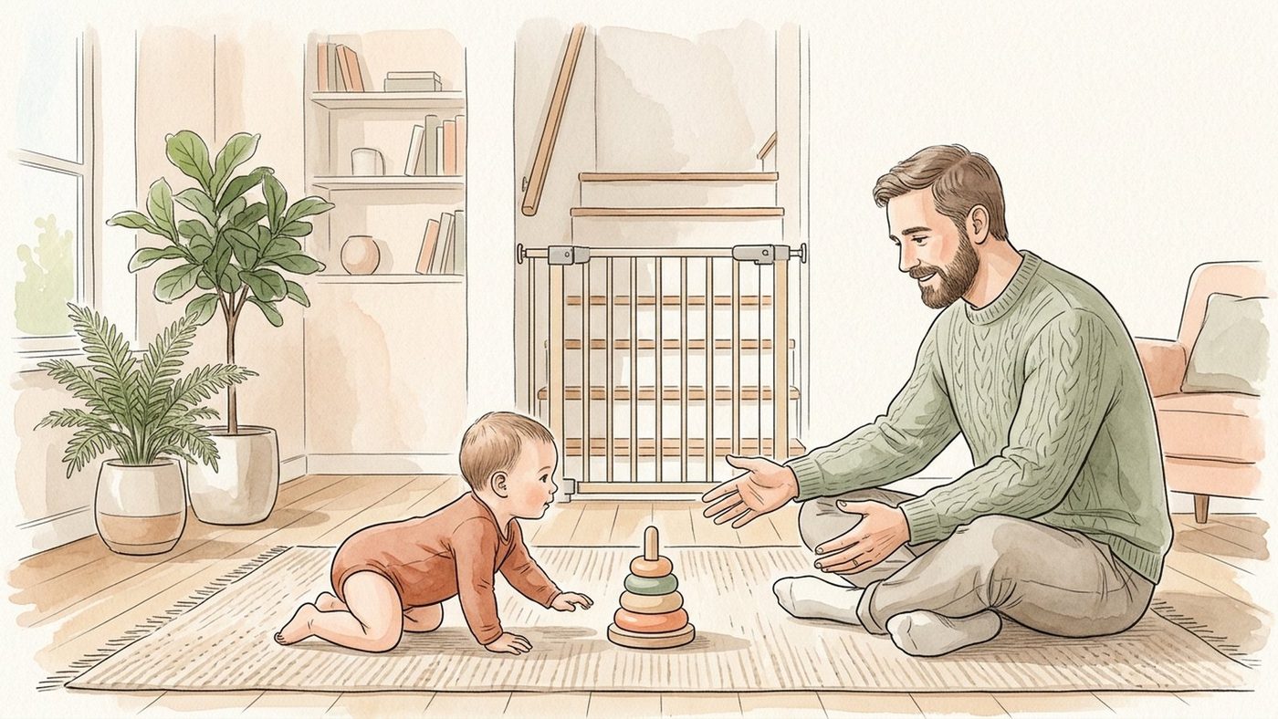 Bébé de 9 mois à quatre pattes sur un tapis rejoignant son père, avec une barrière d'escalier fermée en arrière-plan