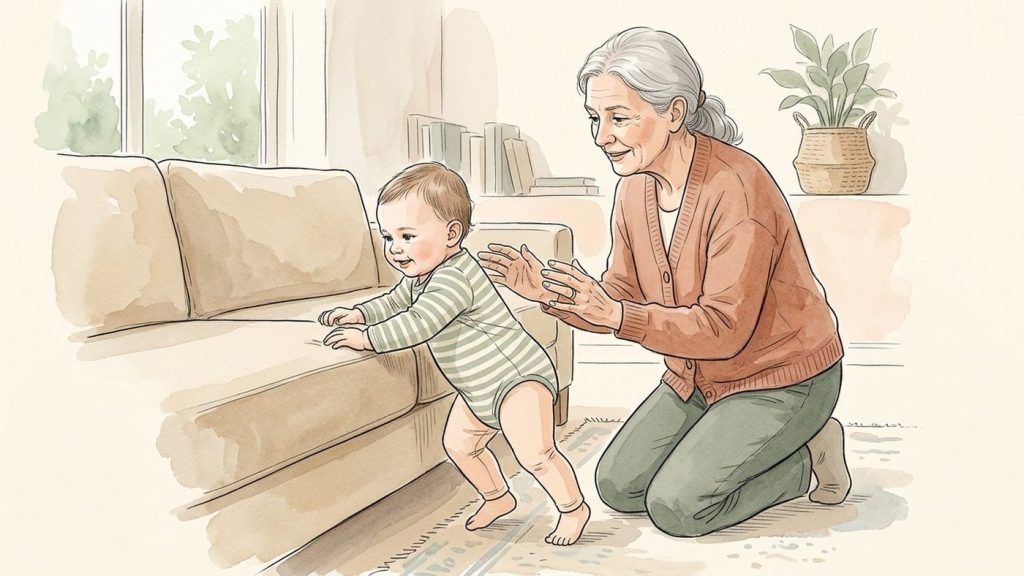 Petite fille de 10 mois se hissant et se déplaçant en appui le long d'un canapé solide pendant que sa grand-mère s'agenouille juste derrière elle