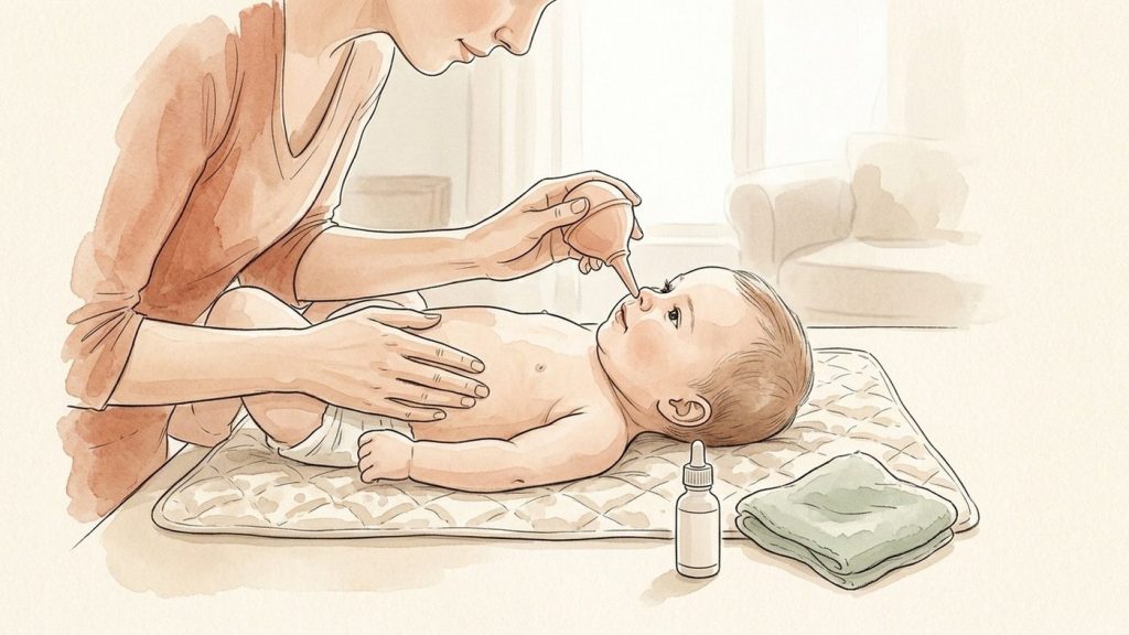 Elternteil saugt vorsichtig mit einem Nasensauger nach der Gabe von Kochsalztropfen die Babynase ab