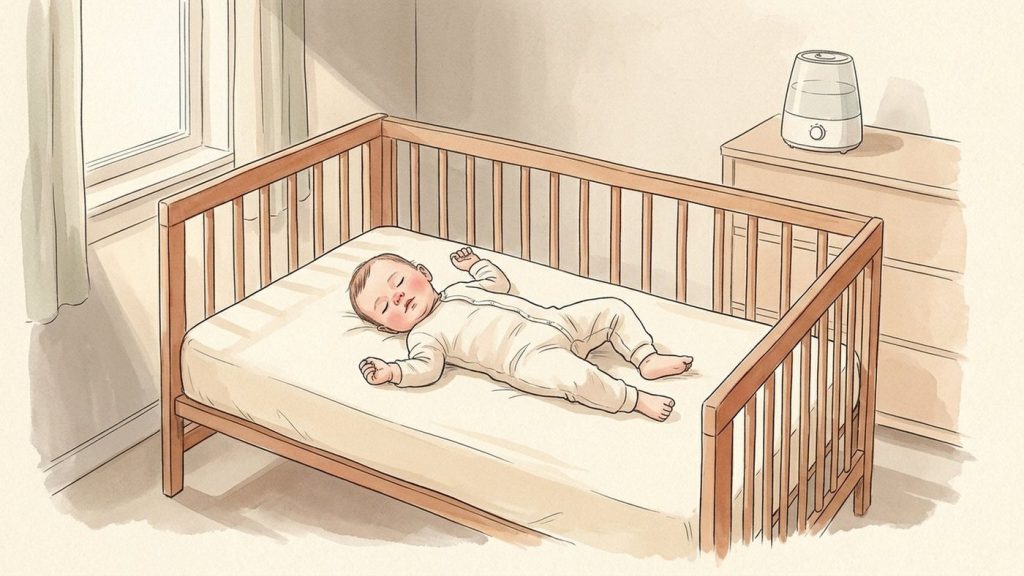 Erkältetes Baby schläft auf dem Rücken auf einer flachen, kahlen Gitterbettmatratze, ein Luftbefeuchter steht auf der anderen Seite des Raumes