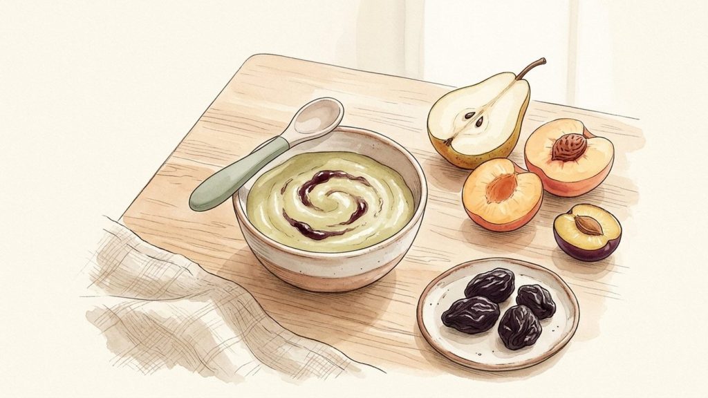 Bol de purée de poire lisse mélangée à de la purée de pruneau, à côté de moitiés de poires, d'une pêche épluchée, d'une prune dénoyautée et de pruneaux trempés