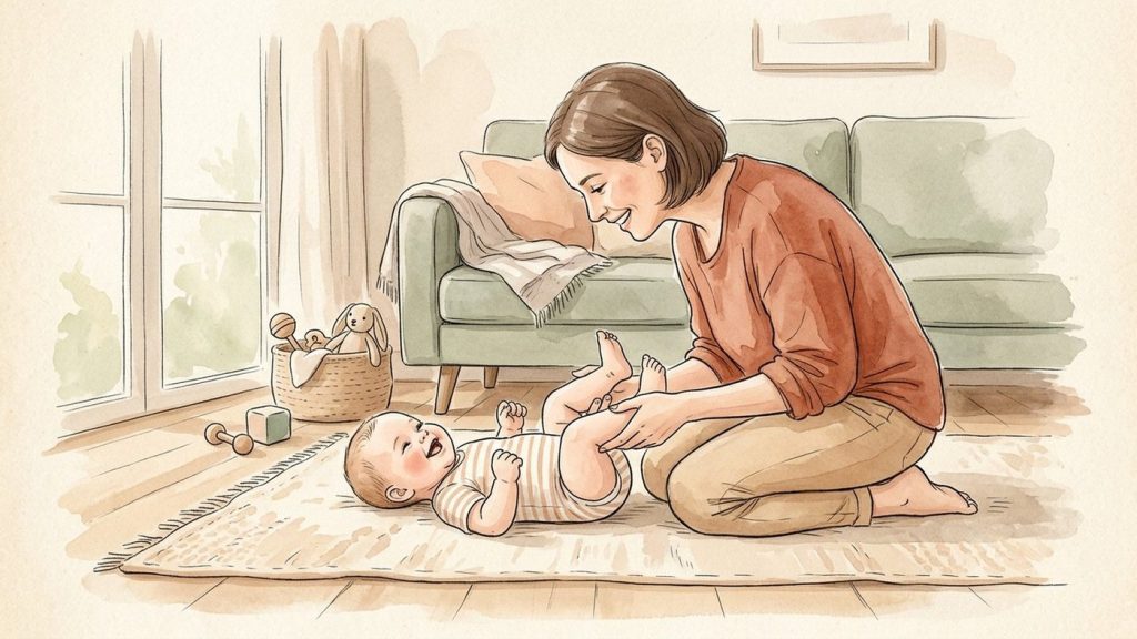Un parent bougeant délicatement les jambes d'un bébé souriant en faisant un mouvement de vélo alors que le bébé est allongé sur le dos sur un tapis d'éveil