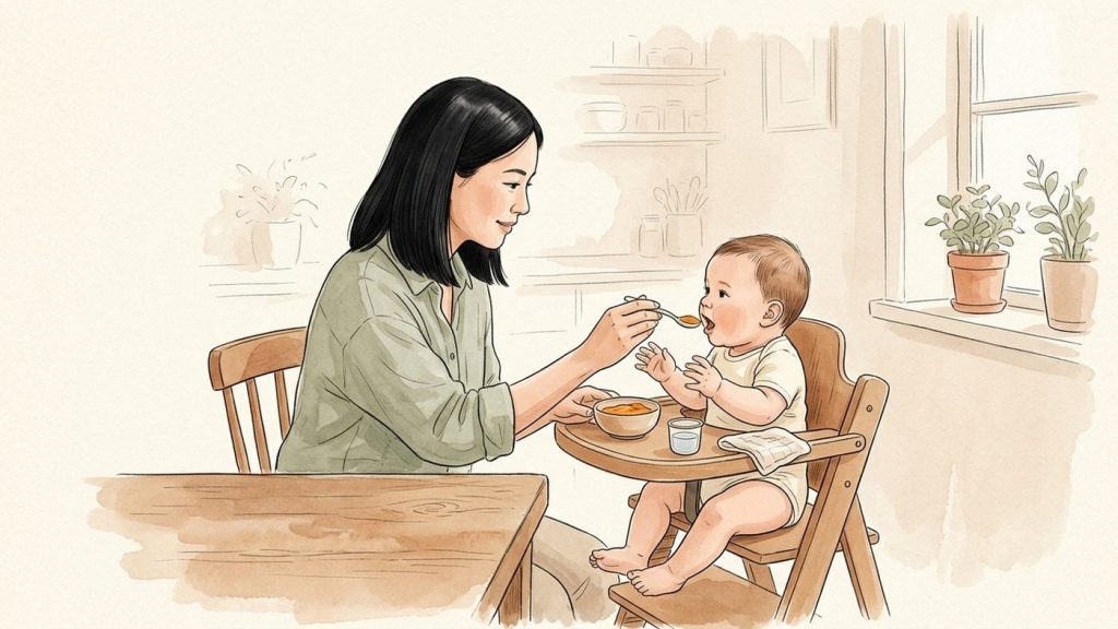 Mutter bietet ihrem 6 Monate alten Baby im Hochstuhl einen Löffel glatten Brei an, ein kleiner offener Becher steht auf dem Tisch