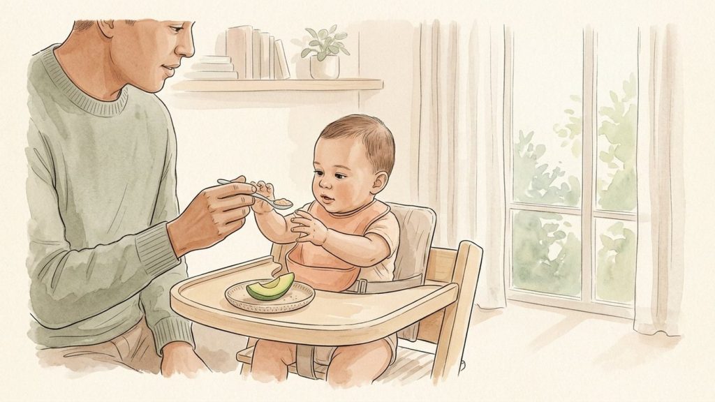 Un père tendant une cuillère pré-remplie de bouillie d'avoine à son bébé de 7 mois, avec une lanière d'avocat fondant sur le plateau