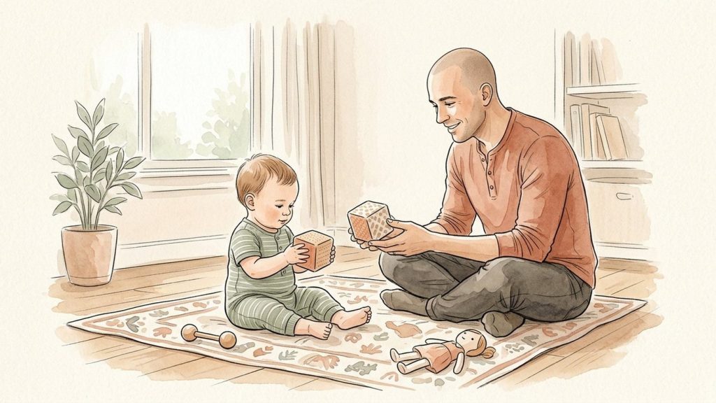 Bébé de 9 mois assis bien droit sans soutien, tenant un bloc dans chaque main pendant que son père joue avec lui