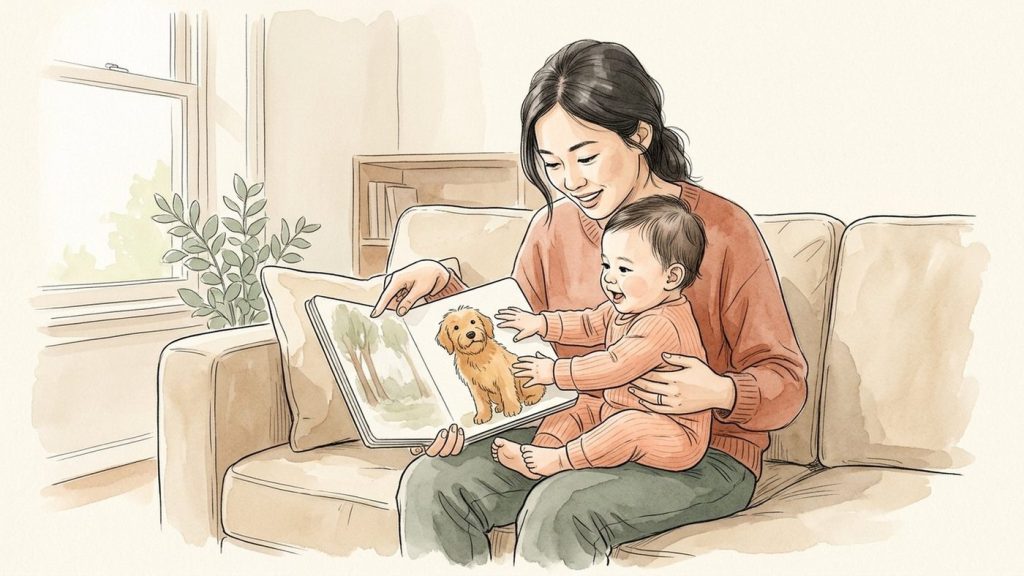Une mère montrant du doigt l'image d'un chien dans un livre cartonné tandis que son bébé de 10 mois tape la page de ses mains sur ses genoux