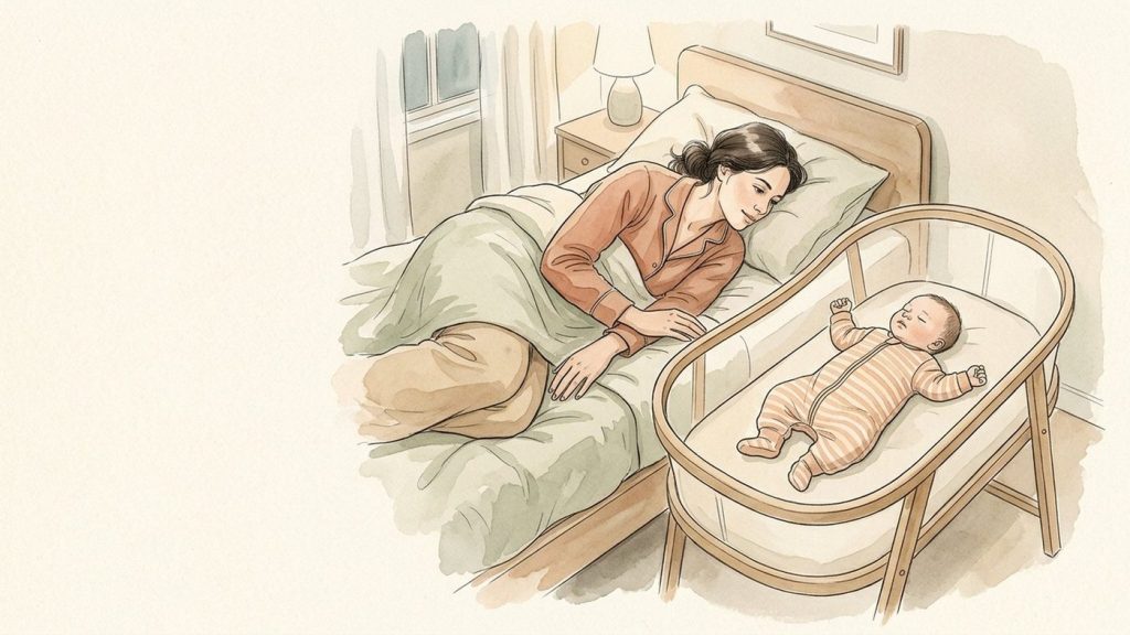 Recién nacida durmiendo boca arriba en un moisés sin accesorios junto a la cama de sus padres mientras su madre descansa cerca