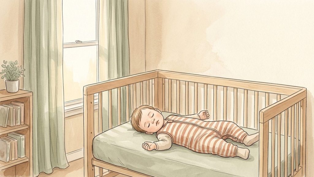 Niño pequeño de 18 meses durmiendo la siesta boca arriba en una cuna con saco de dormir, luz suave de día entrando por las cortinas