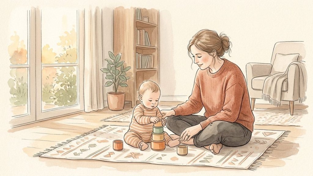 Mother playing with her alert baby on a play mat in late-afternoon light