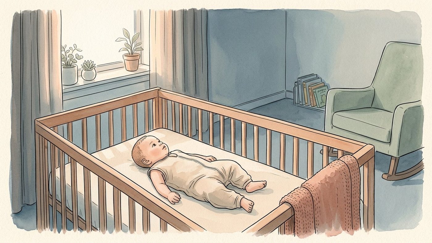 Baby awake on his back in a bare crib at dawn, with faint light at the edges of blackout curtains