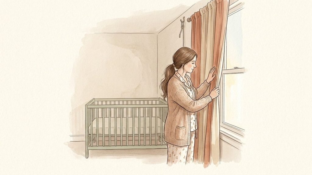 Mother pressing a blackout curtain against the window frame to block early-morning light in a nursery
