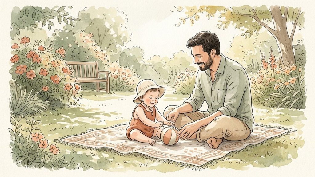 Father playing with his baby on a blanket outdoors in bright daylight