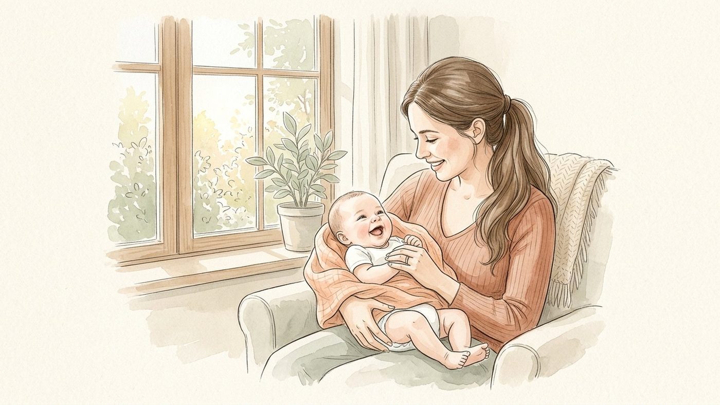 Mother gently looking into her smiling baby's open mouth in soft daylight after a feed