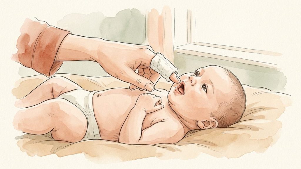 Parent with a damp cloth wrapped around one finger, ready to gently wipe a baby's tongue