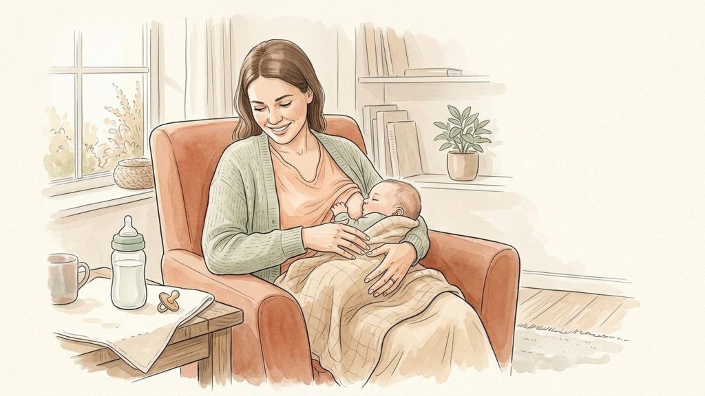 Mother breastfeeding her baby with a clean bottle and pacifier drying on a towel nearby