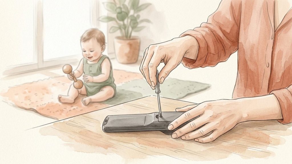Parent screwing a remote's battery cover shut, baby playing with a rattle in the background