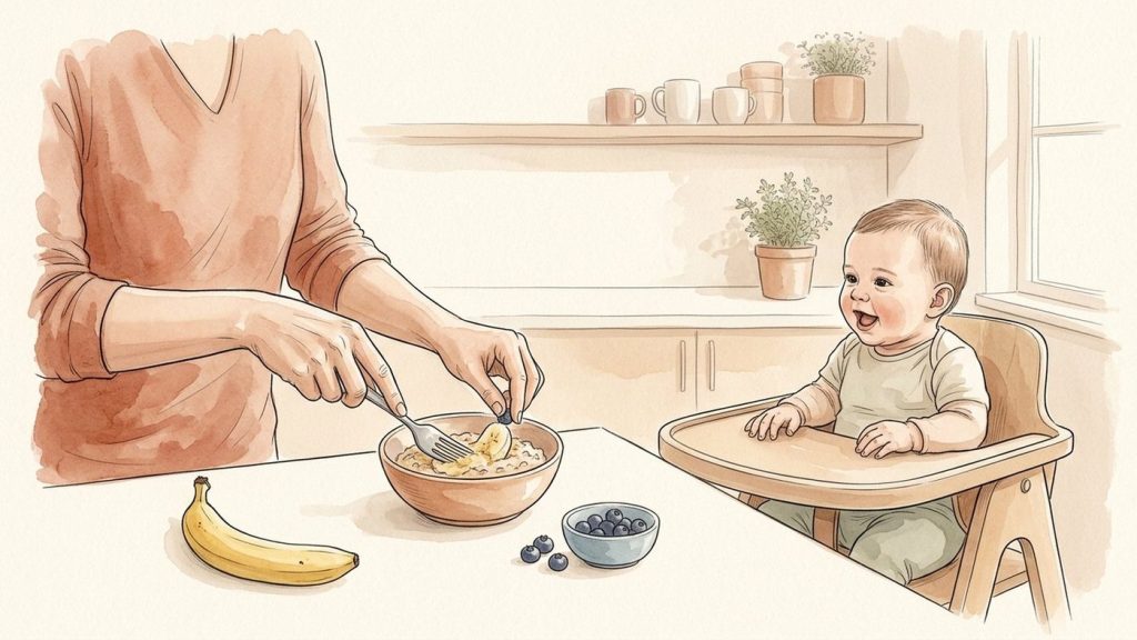 Madre machacando plátano en gachas de avena junto a boles de arándanos aplastados y pera rallada, con el bebé mirando