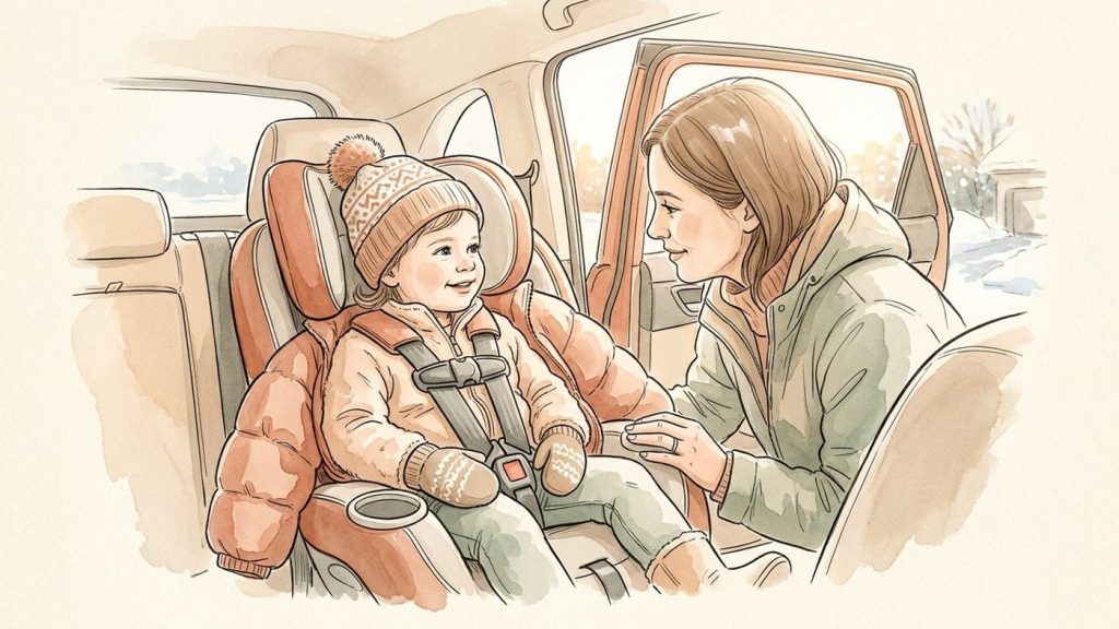 Toddler snugly buckled into a car seat with her puffy coat on backwards over the harness