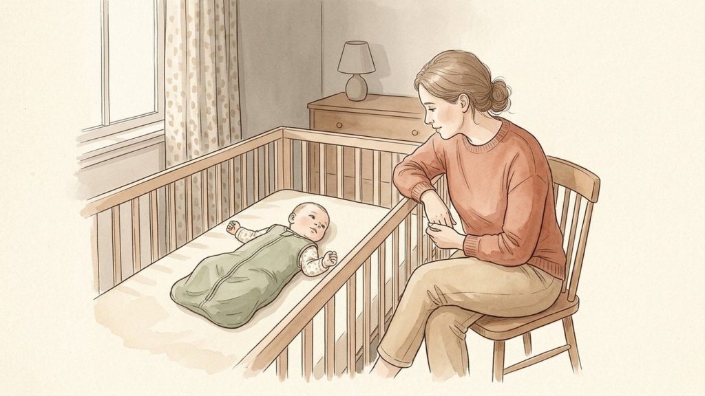 Mother sitting quietly on a chair beside the crib as her 9-month-old settles to sleep on his back