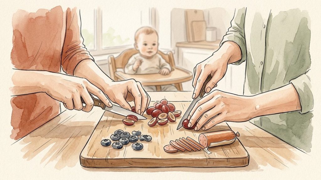 Un progenitor cortando uvas en cuartos a lo largo junto a arándanos aplastados y tiras finas de salchicha en una tabla de cortar