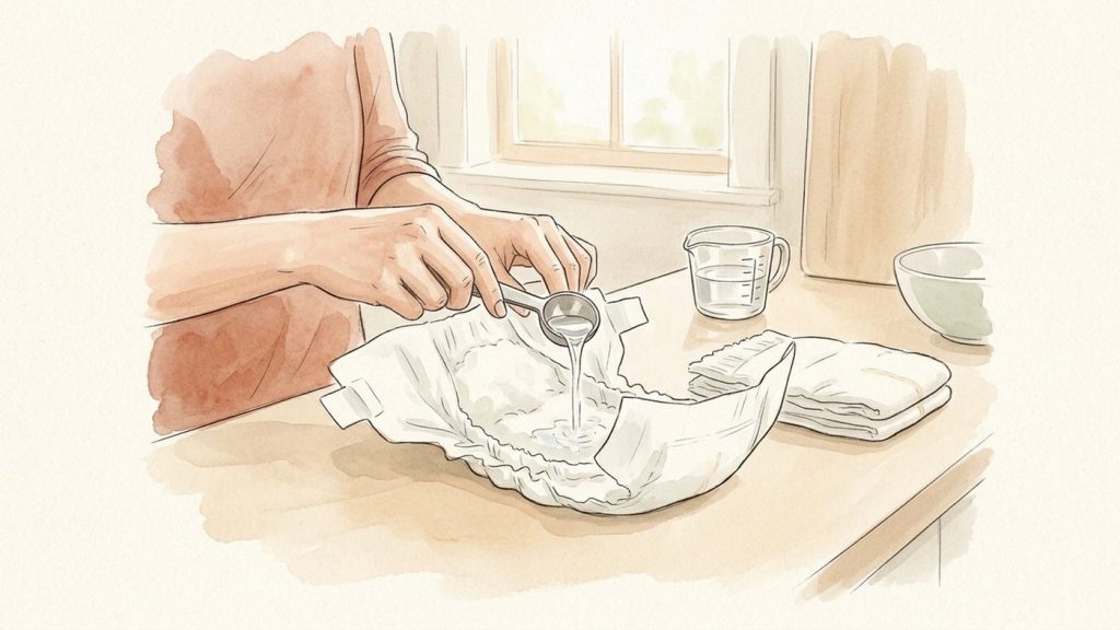 Elternteil gießt Wasser mit einem Esslöffel in eine saubere Windel, um zu fühlen, wie schwer eine nasse Windel ist