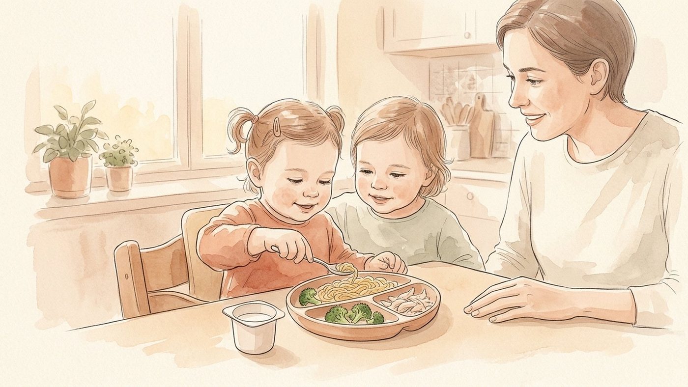 Kleinkind sitzt am Tisch beim Abendessen mit einem kleinen offenen Becher Milch neben dem Teller