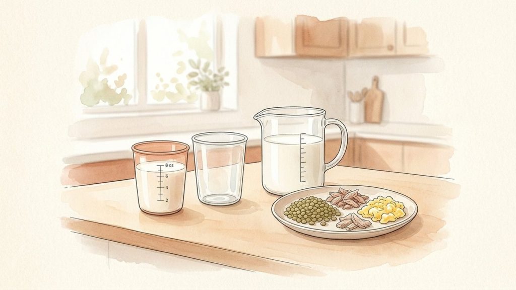 Toddler cups of milk beside a measuring jug and a small plate of iron-rich foods like lentils and egg