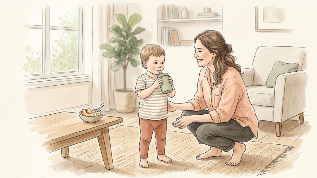 Toddler drinking water from a straw cup in a sunny living room with his mother beside him