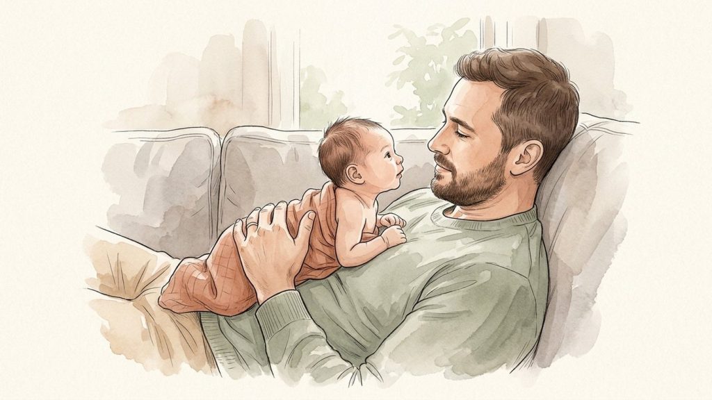 Vater liegt zurückgelehnt mit seinem Neugeborenen auf dem Bauch, während es den Kopf hebt, um ihn anzusehen