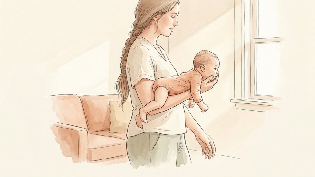 Mutter trägt ihr waches 6 Wochen altes Baby mit dem Bauch nach unten auf ihrem Unterarm durch ein sonniges Wohnzimmer