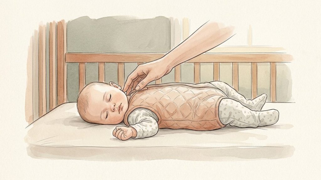 Parent checking a sleeping baby's warmth by touching the back of her neck, baby on her back in a bare crib