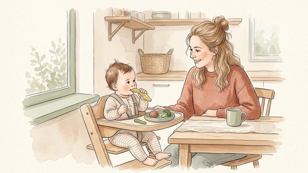 Ein 7 Monate altes Baby hält einen weichen Omelettstreifen, während auf dem Tisch seines Hochstuhls eine Frikadelle und gedünsteter Broccoli liegen