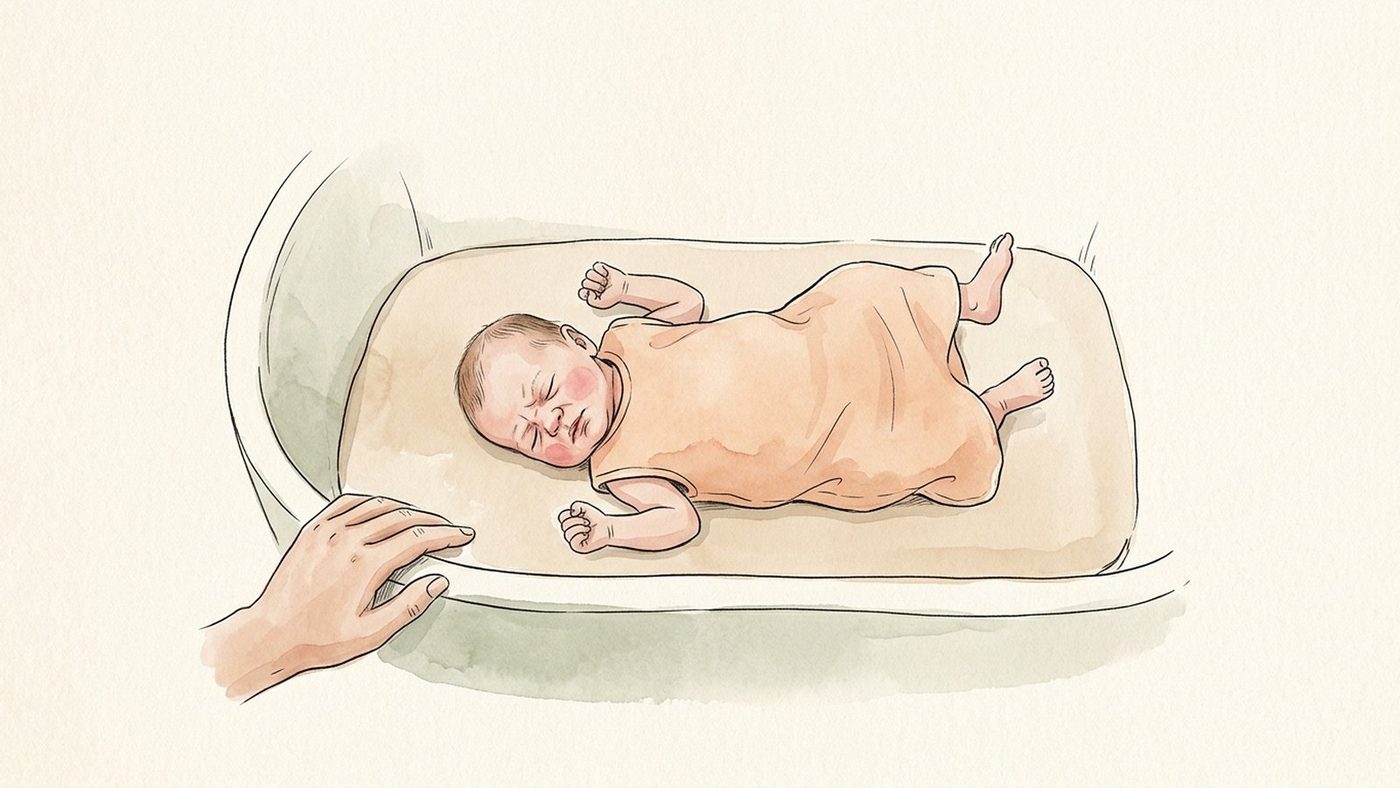 Newborn asleep on her back in a bare bassinet, scrunching her face and stretching as she grunts