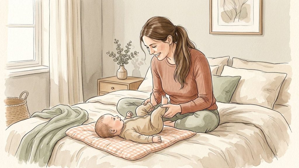 Mother gently moving her newborn's legs in a bicycle motion while he lies awake on a changing mat