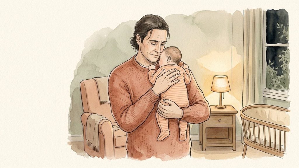 Father burping his newborn against his shoulder in a dim nursery at night