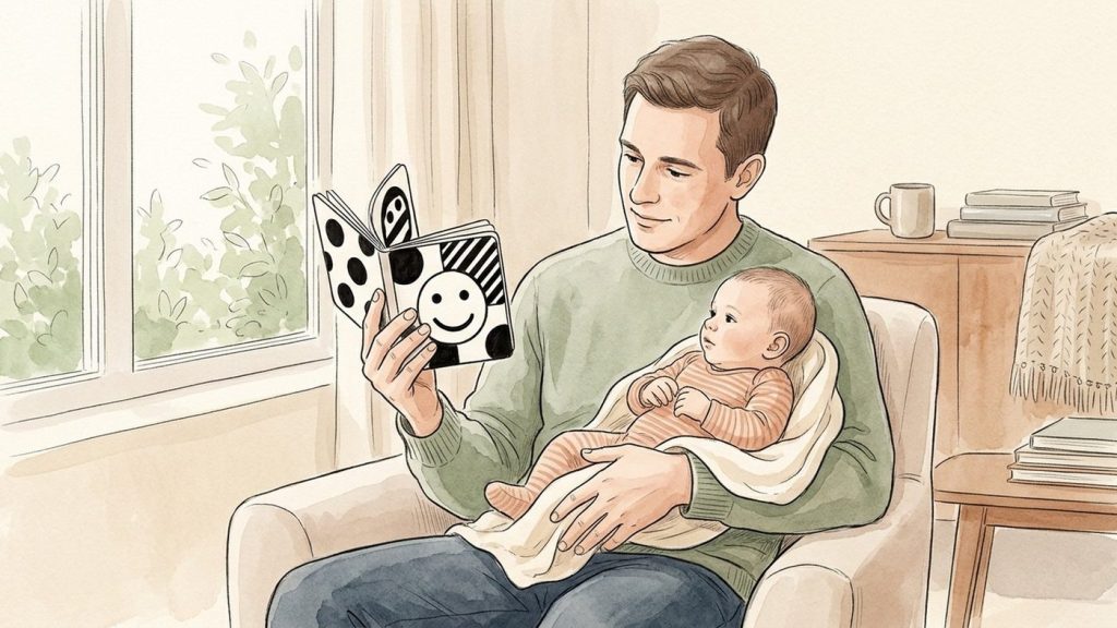 Father holding his 2-month-old and showing him a board book with bold black-and-white shapes