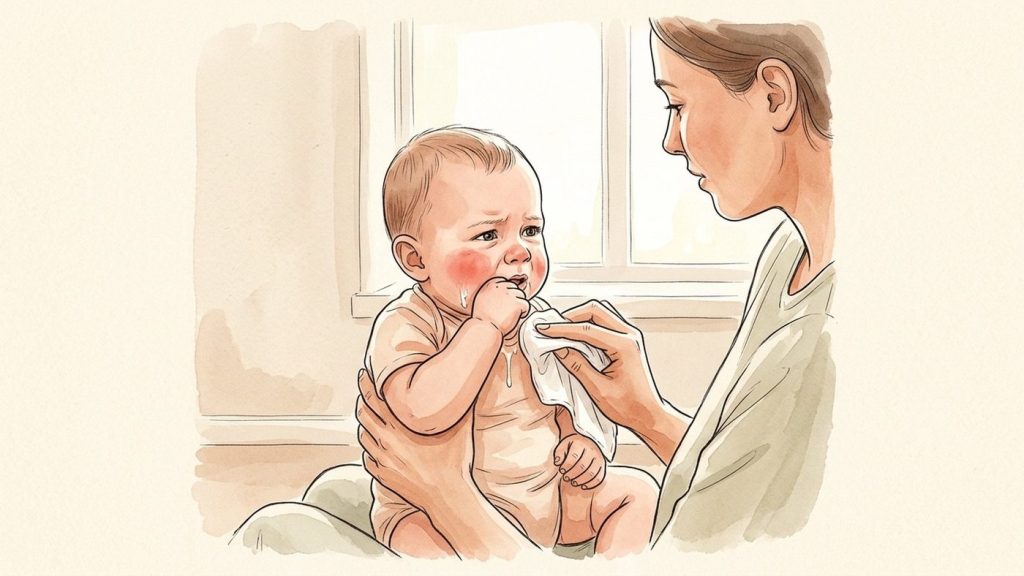 Bebé con molestias por la dentición mordiéndose el puño mientras un progenitor le seca suavemente la baba de la barbilla con un paño suave