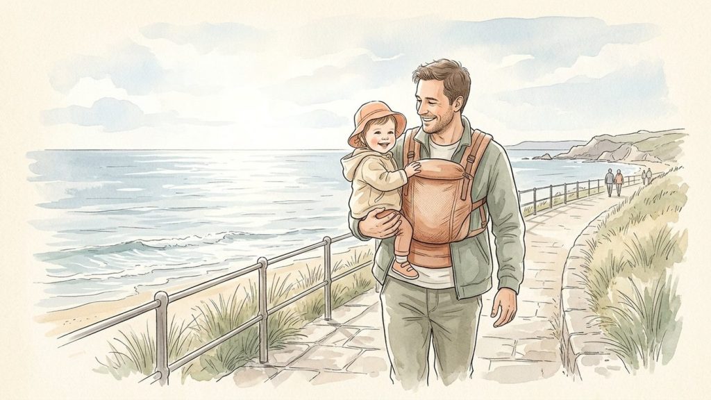 Vater geht mit seinem Kleinkind im hellen Morgenlicht draußen im Urlaub spazieren