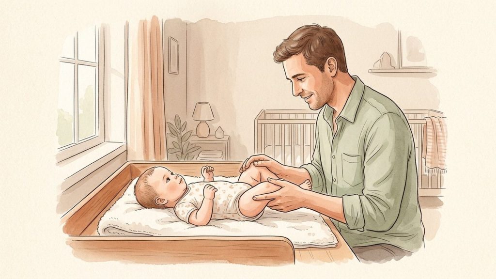 Father gently massaging his 8-month-old's legs on a towel after her bath in a dim nursery
