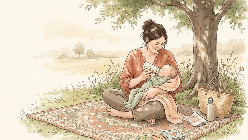 Mother bottle-feeding her 3-month-old son in the shade of a tree on a hot summer day
