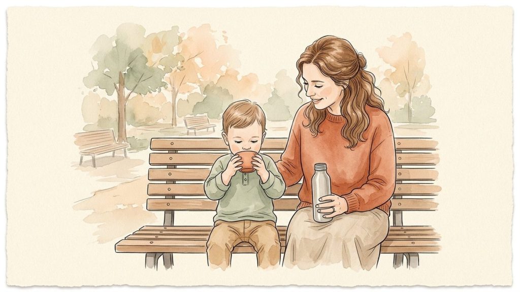 Toddler drinking water from a small open cup with both hands on a park bench next to his mother