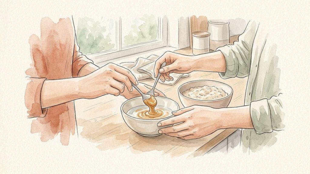Un parent mélangeant du beurre de cacahuète lisse avec de l'eau tiède dans un petit bol à côté d'un bol de bouillie d'avoine pour bébé