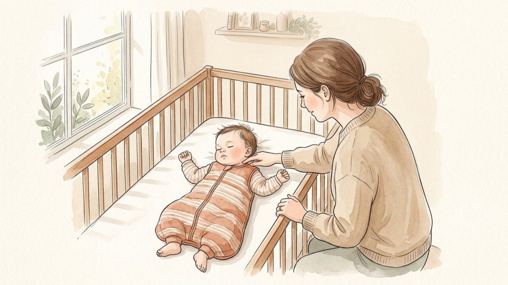 Madre tocando la nuca de su bebé de 5 meses mientras duerme para comprobar si tiene calor; el bebé está boca arriba y lleva un saco de dormir