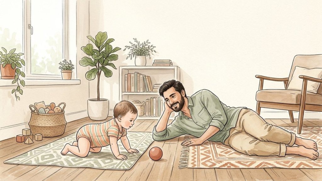 7-month-old rocking on hands and knees on a play mat as her father lies nearby on the floor