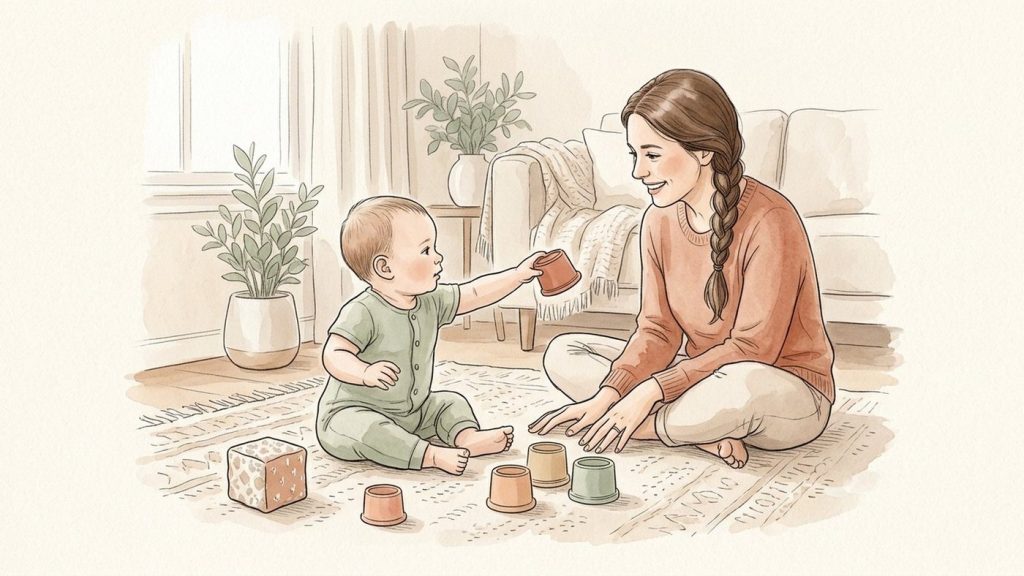 Baby sitting alone on a carpet and reaching sideways for a stacking cup while a parent sits on the floor facing them