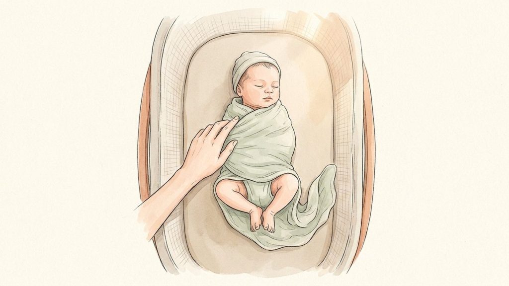 Newborn swaddled on her back in a bare bassinet, arms wrapped, legs loose and bent at the hips, parent checking fit