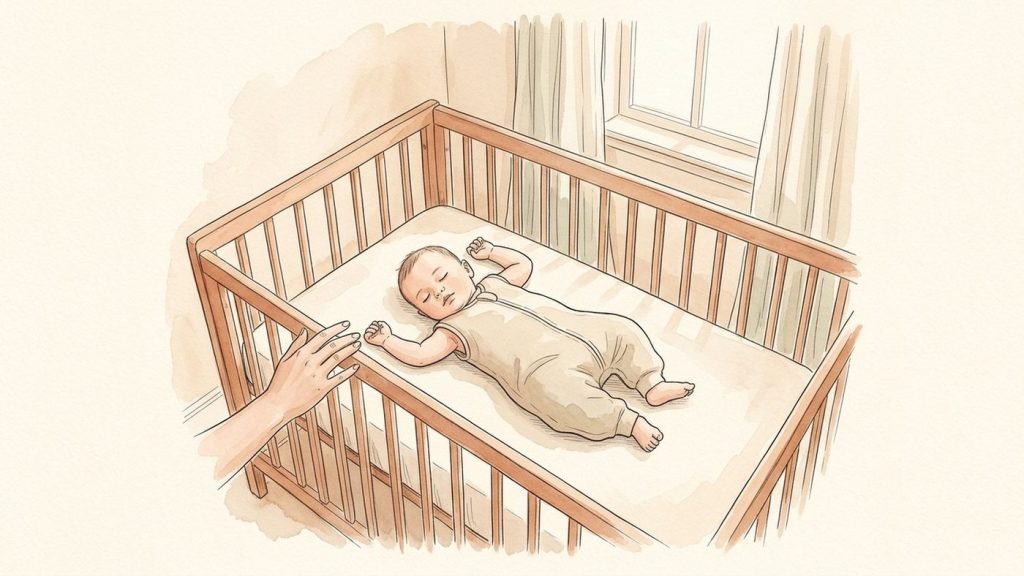 4-month-old asleep on his back in an empty crib, wearing a sleeveless sleep sack with both arms free